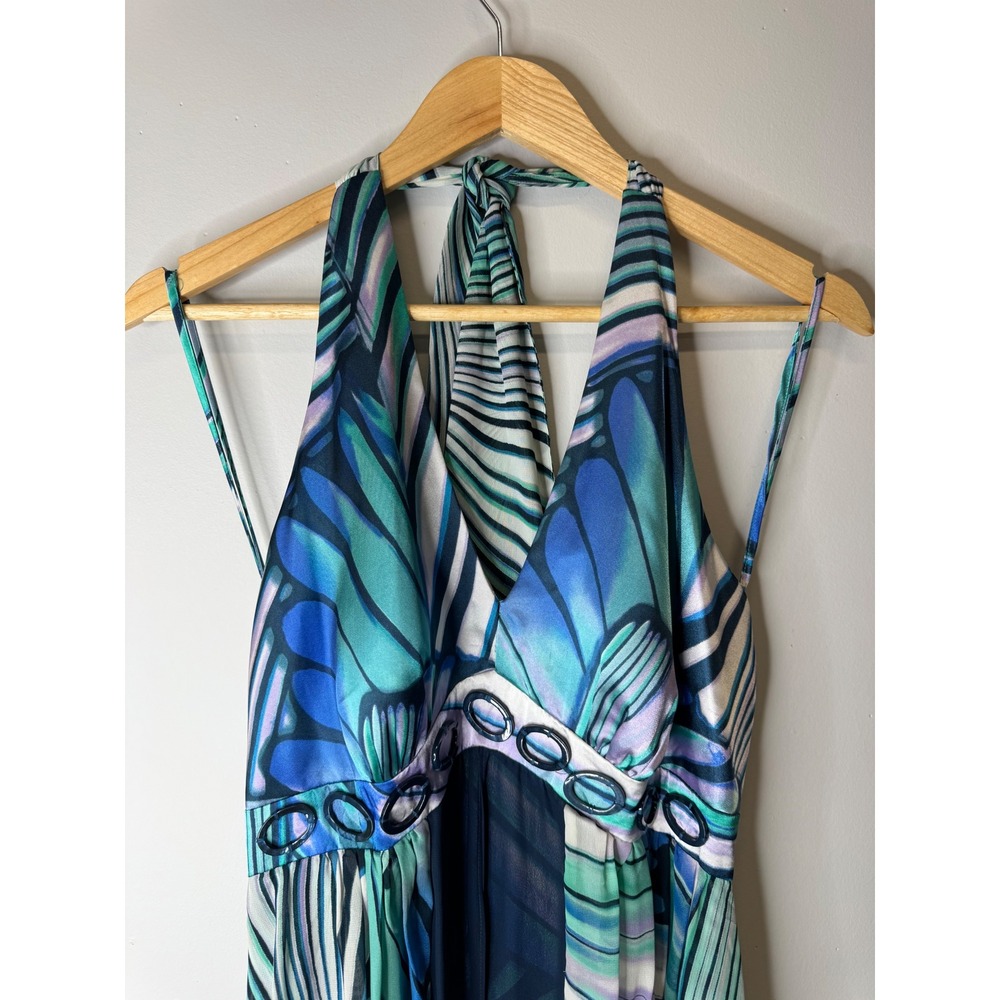 Y2K VTG Bethany Blue Teal Butterfly Print Halter Maxi Dress Ring Detail Size 10 - Picture 2 of 10